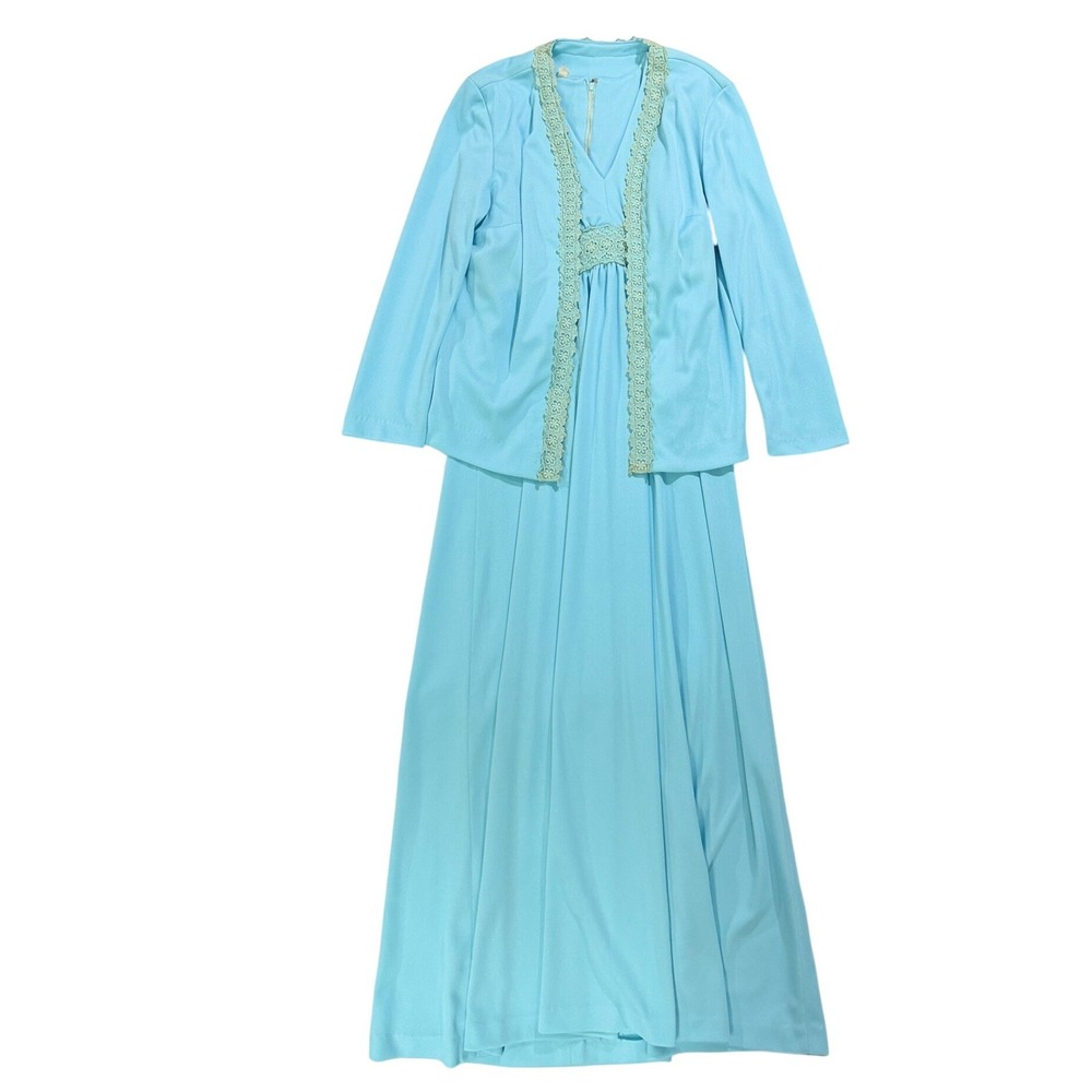 Vintage 1970s Blue Maxi Dress & Lace Trim Jacket Set Formal Gown